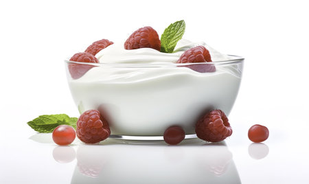 yogurt with raspberries and mint on a white background
