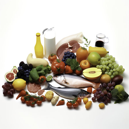 Foods rich in vitamin B12 on a white background. Healthy eating concept.の写真素材