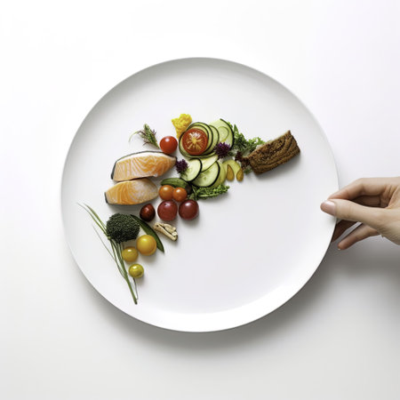 Healthy food concept. Hand holding a plate with healthy food.の写真素材