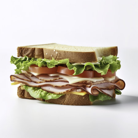 Sandwich with ham, cheese and lettuce on a white background.の写真素材
