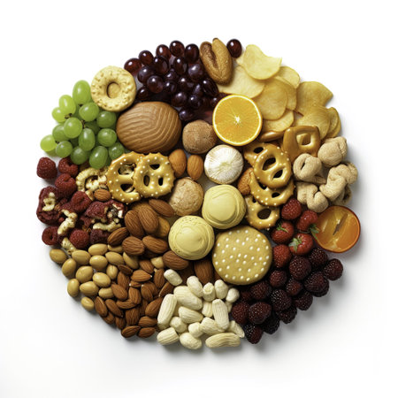 Assorted nuts and candies on a white background. Top view.の写真素材