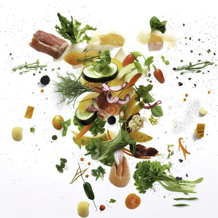 High angle view of flying vegetables and meat on white background with splashesの写真素材