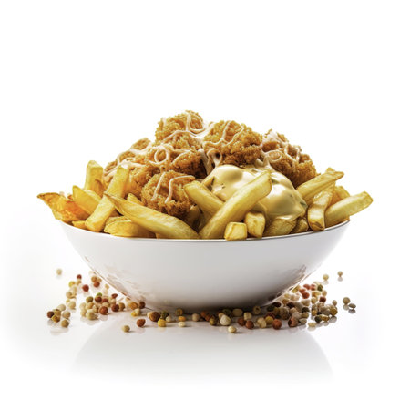 Bowl of french fries with mustard and mayonnaise on white background