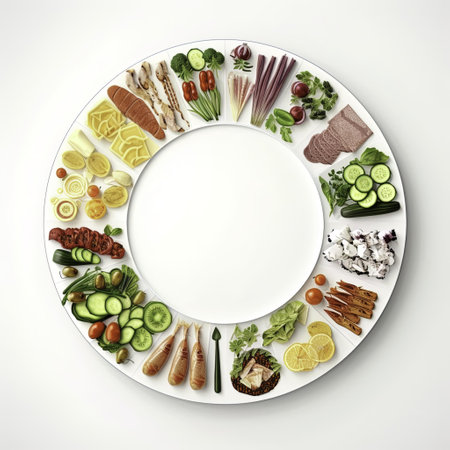 Concept of healthy eating. Top view of a round plate with different types of food.の写真素材