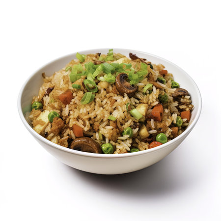 Fried rice with vegetables in a bowl isolated on white background.の写真素材