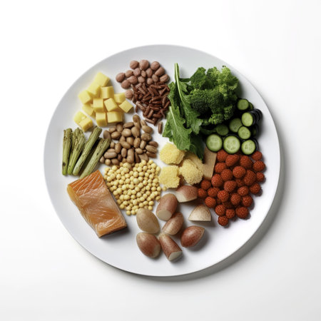Healthy food selection on white background. Top view, flat layの写真素材