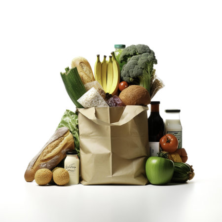 Paper bag full of groceries isolated on white background. Healthy food concept