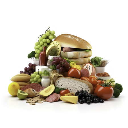 Composition with a variety of food products isolated on a white backgroundの写真素材