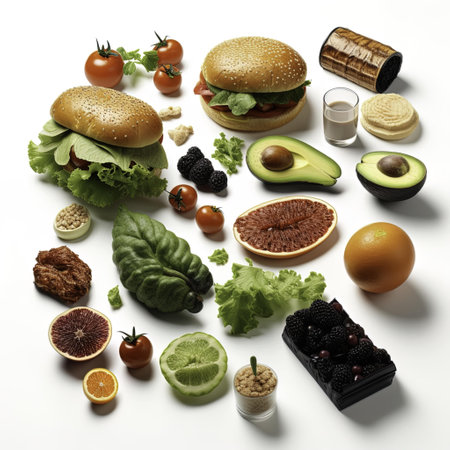 Hamburger ingredients on white background, top view. Healthy eating conceptの写真素材