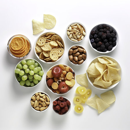 assortment of snacks in bowl on white background, top view.の写真素材