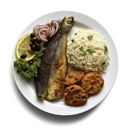 Top view of a plate of fried herring with rice, olives and onion on a white backgroundの写真素材