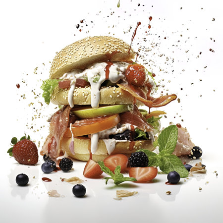 Hamburger with fruits and vegetables on a white background with splashesの写真素材