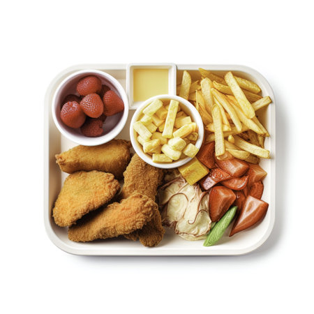Tray with different fast food products on white background, top viewの写真素材
