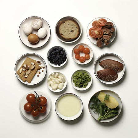 Foods high in protein on a white background. Top view.の写真素材