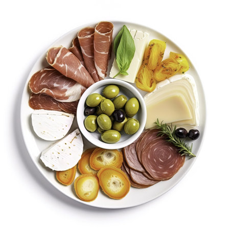 Antipasto platter with ham, cheese and olives on white backgroundの写真素材