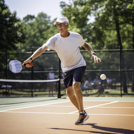 Portrait of senior man playing pickleball on the tennis court during sunny dayの写真素材