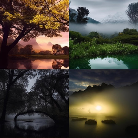 Collage of photos of beautiful landscapes in the mountains at sunrise.