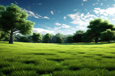 Green grass field with trees and blue sky. 3d render.
