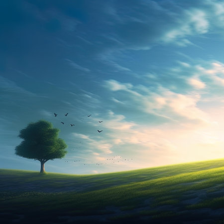 Tree in the field with birds flying in the sky. 3d renderの写真素材