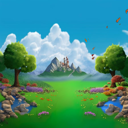 Fantasy landscape with mountains, trees, grass, flowers and butterfliesの写真素材