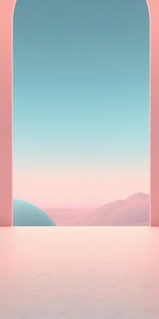 Abstract minimalistic interior design, empty room with arch and blue sky.