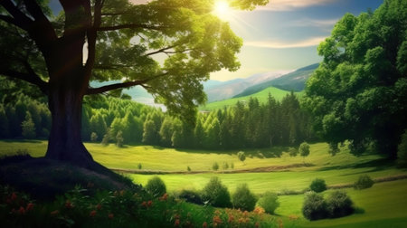 Beautiful summer landscape with a big tree on the hillside.の写真素材