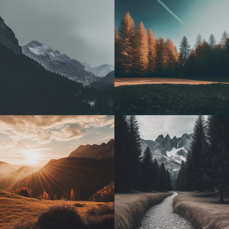 Collage of four pictures of Dolomites mountains, Italy.の写真素材