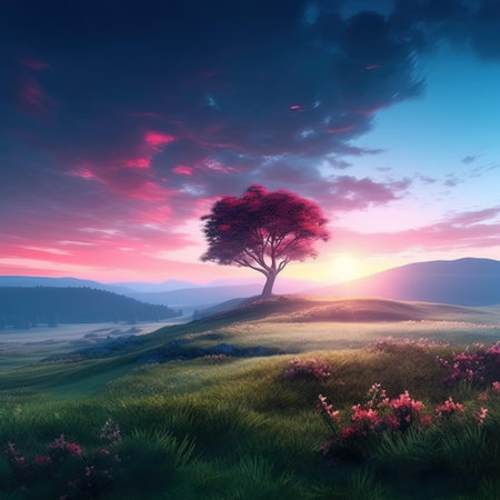 Fantasy landscape with lonely tree on the meadow at sunset.の写真素材