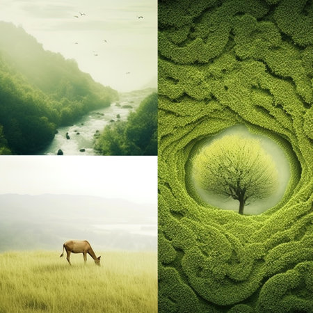 Collage of green landscape with forest and deer. Nature concept.の写真素材