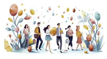 Easter greeting card with happy people walking in the park. Vector illustrationの写真素材