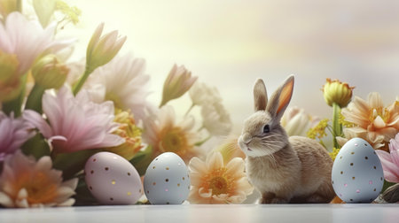 Easter bunny with flowers and easter eggs on white background.