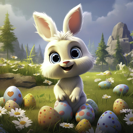 cute easter bunny with eggs in the grass - 3d illustrationの写真素材