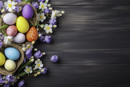 Easter eggs and spring flowers on black wooden background, top view
