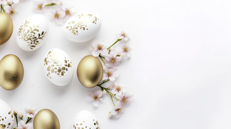 Easter eggs and cherry blossom on white background with copy space.の写真素材