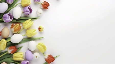 Easter background with tulip flowers and eggs. Top view with copy space