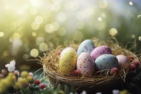 Colorful easter eggs in nest with bokeh background.