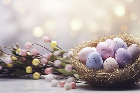 Easter eggs in a nest on a wooden background with bokeh