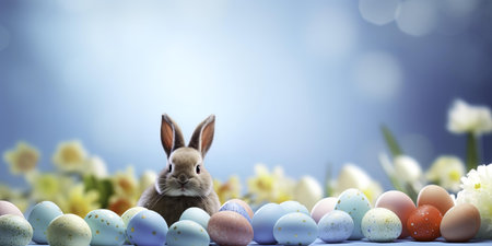 Easter bunny and easter eggs on blue bokeh background