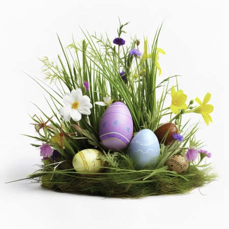 Easter eggs in a nest with grass and flowers on a white background