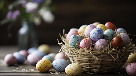 Colorful easter eggs in basket on wooden table, closeup