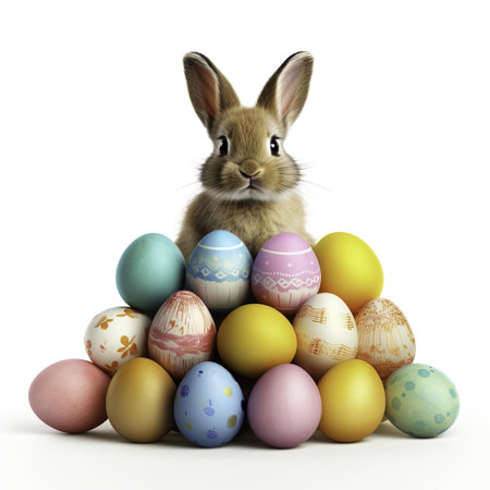 Easter bunny and easter eggs on white background. 3D illustrationの写真素材