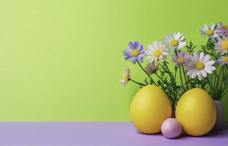 Easter eggs with flowers on a pastel green background with copy space
