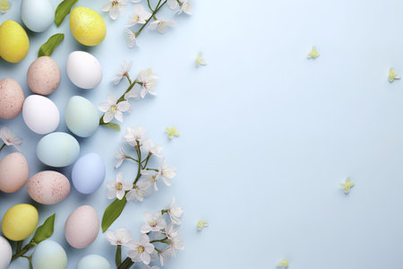 Colorful easter eggs and spring flowers on blue background, top view