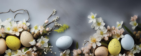 Easter eggs and spring flowers on a wooden background. Happy Easter.