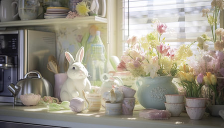 Easter bunny and spring flowers on the shelf in the kitchen.