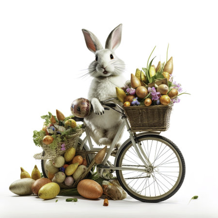 Rabbit sitting on a bicycle with basket of Easter eggs and flowersの写真素材