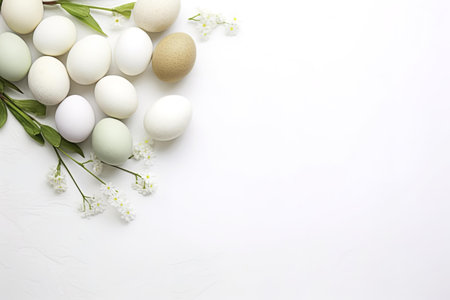 Easter eggs with flowers on white background. Top view, copy space