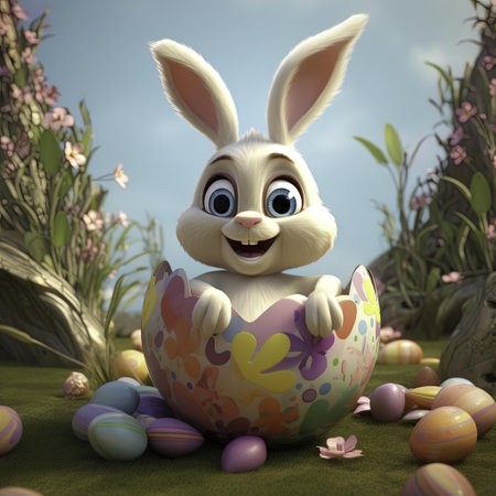 Easter bunny with easter eggs in the garden - 3D render