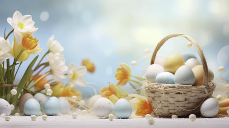 Easter eggs in basket and narcissus flowers on bokeh background