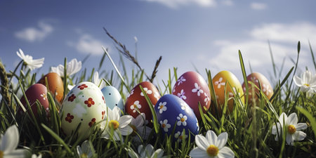 Colorful easter eggs in green grass with daisies.